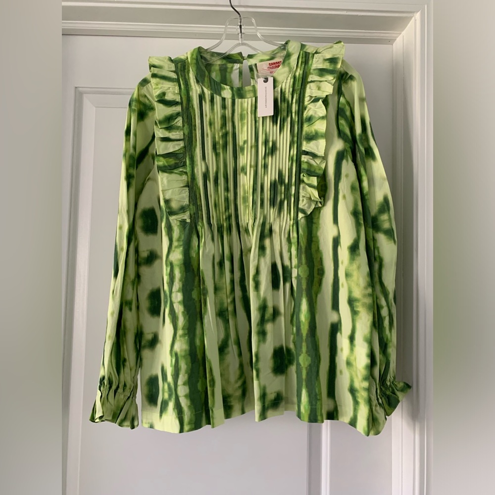 Anthropologie Green Tie-Dye Ruffle Front Women’s Top